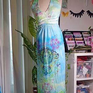 Elegant Blue and Green Halter Maxi Dress